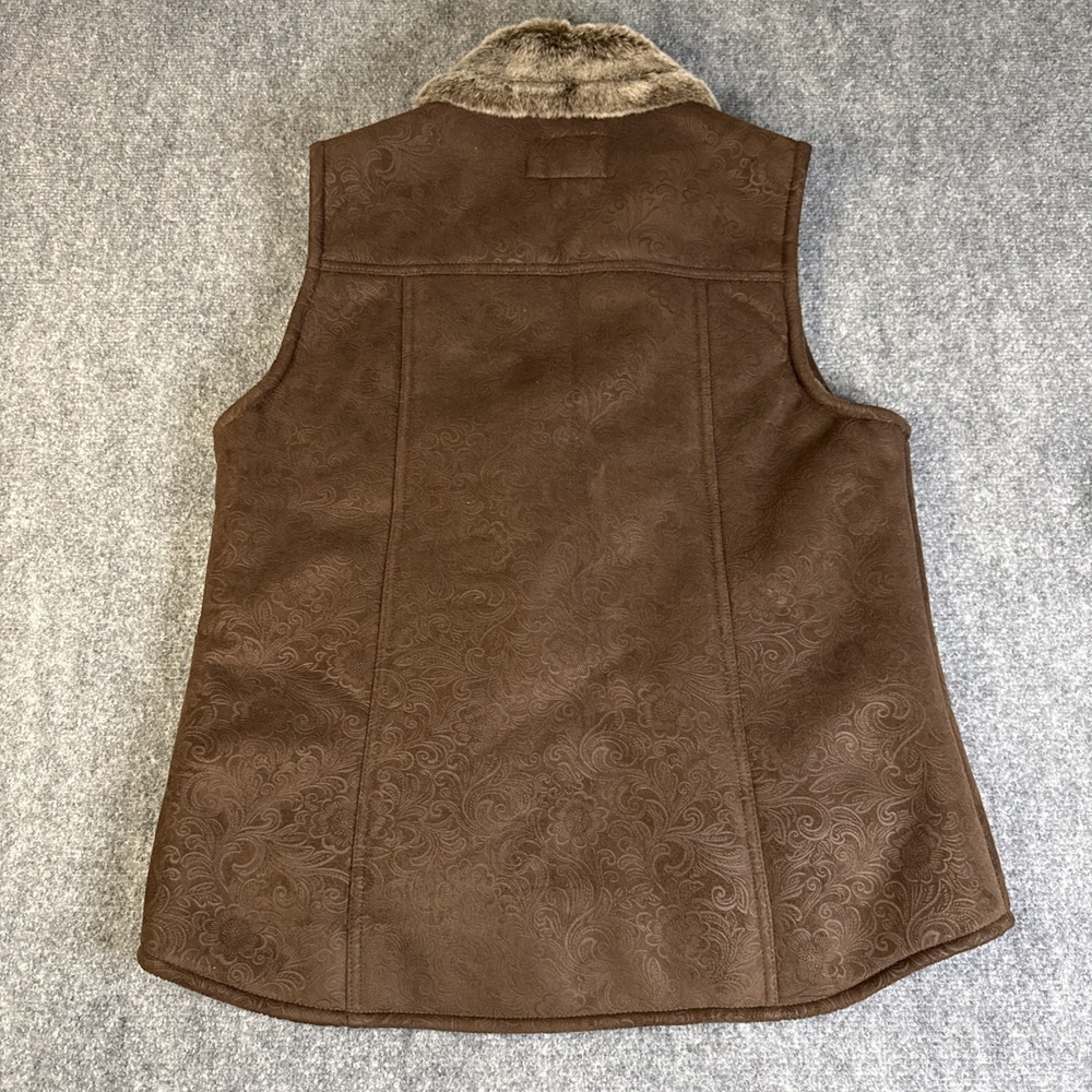 Outback Trading Co. Tooled Vest Women's Large Brown Full Zip Faux Fur Western - Picture 3 of 7